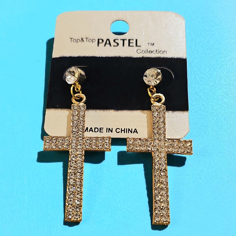 Gold Crystal Cross Dangle Earrings